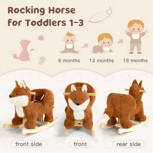 Baby Rocking Horse, Brownish Red Fox Rocking Horse with Seat Belt, Plush Animal Rocker for Kids, Stuffed Rocker Toy for Children