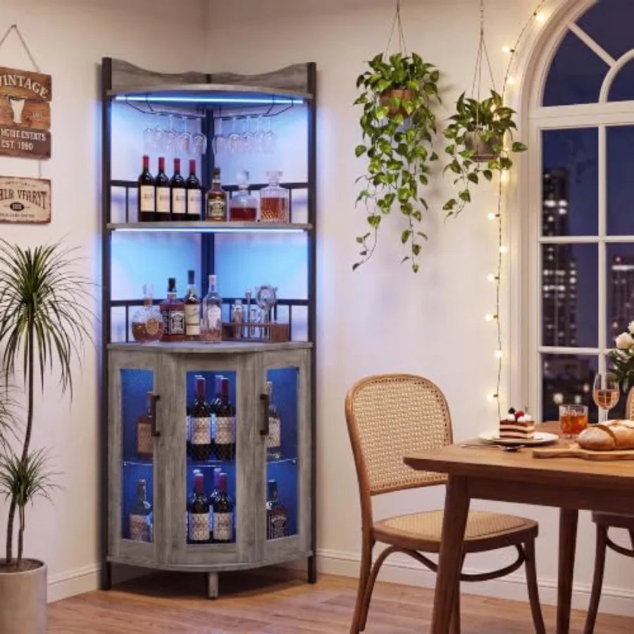 Corner Bar Cabinet, 5Tier Wine Cabinet with Power OutletsandLED Lights