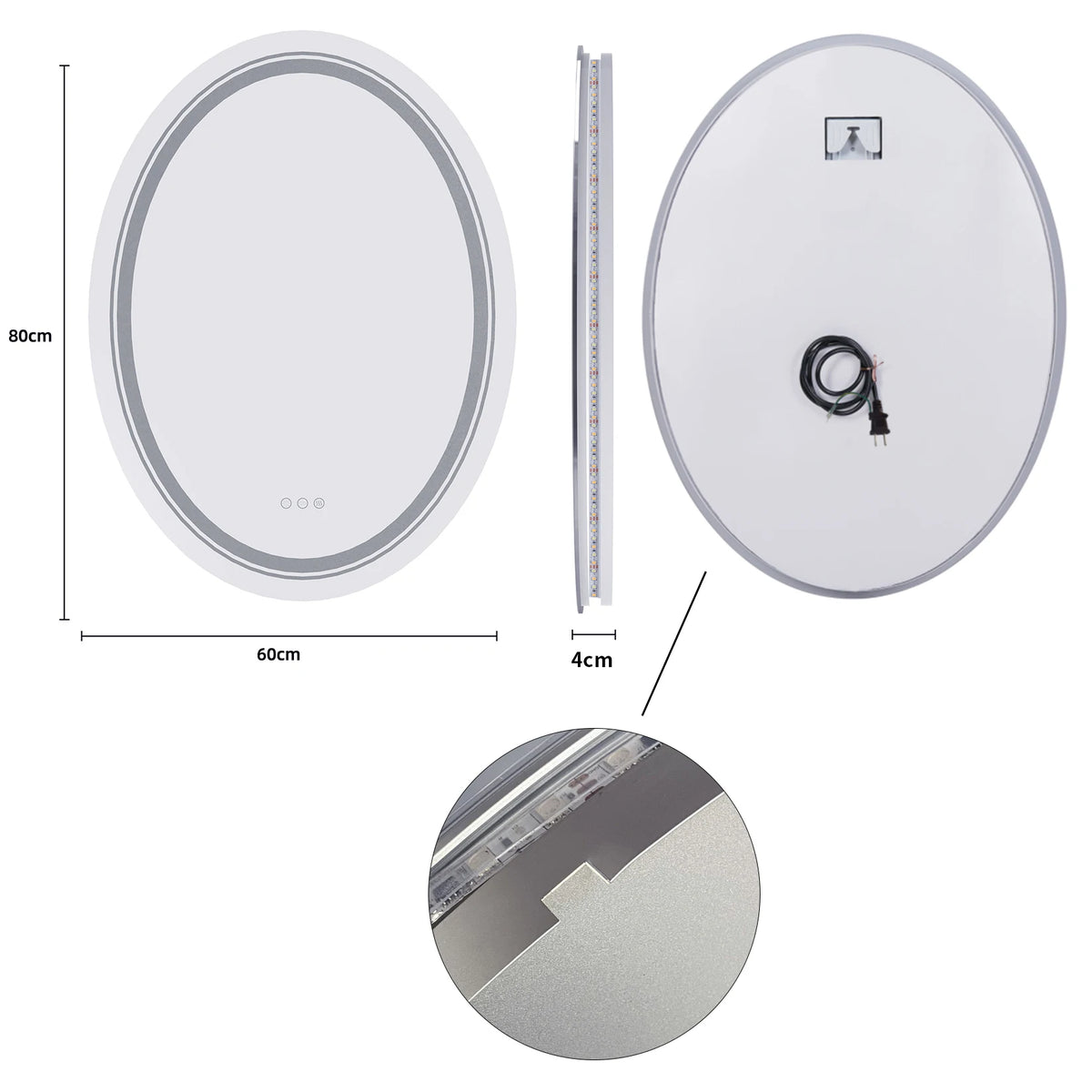 60x80cm Oval Wall Mounted LED Lighted Bathroom Mirror Anti-Fog Dimmable Vanity Makeup Mirror Backlit Home Bathroom Decor