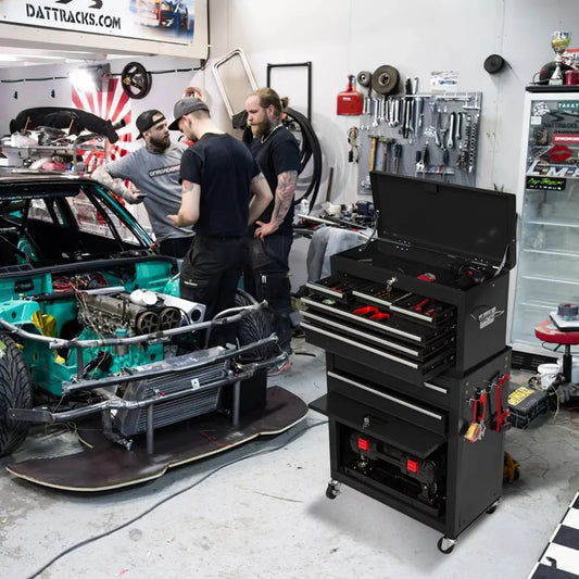 Tool Box Organizer with Lockable Wheels, Sliding Drawers, and Detachable Top, Garage Workshop Tool Storage Cabinet
