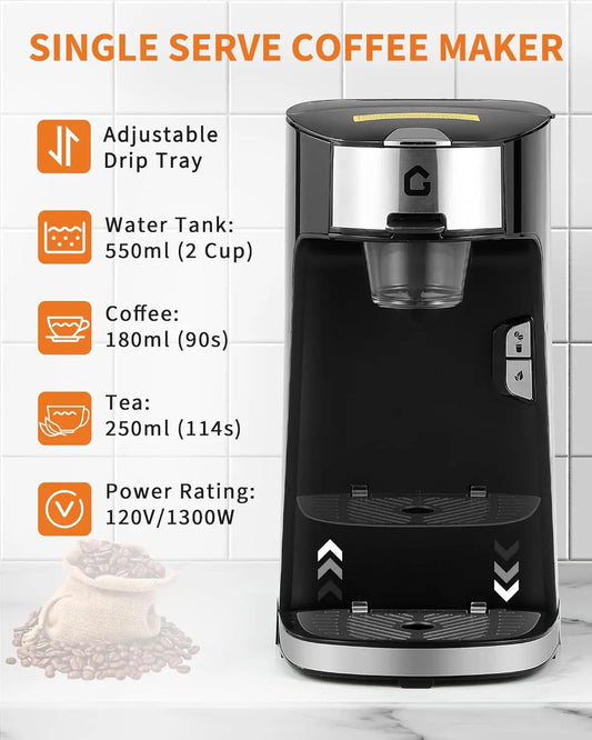 Single Serve Coffee Maker,K Cup & Ground Coffee Compatible, One-Button Fast Brew Portable Capsule Coffee Machine for Home Travel