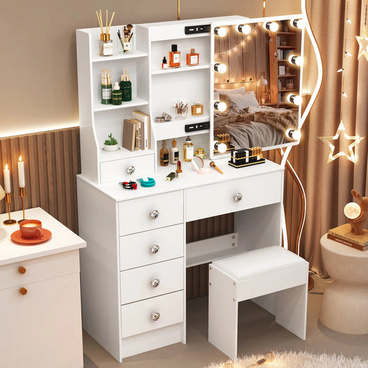 【11.11 Deals, Black Friday Deals 2025】Dressing Table Mirror Drawers Vanity Makeup Desk Stool Set With LED Lights White + Stool