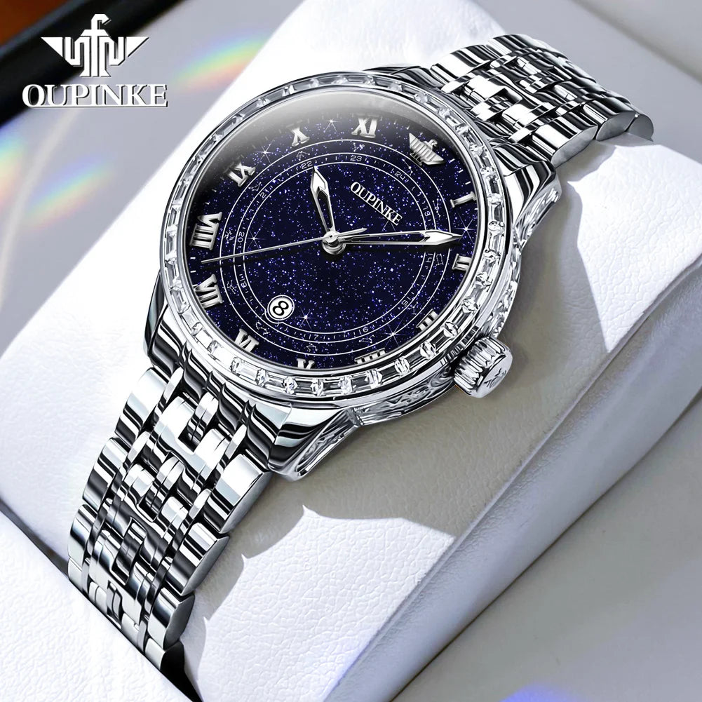 OUPINKE Top Luxury Brand Women's Watches Calendar Automatic Mechanical Watch Starry Sky Dial Romantic Gift Female Wristwatch