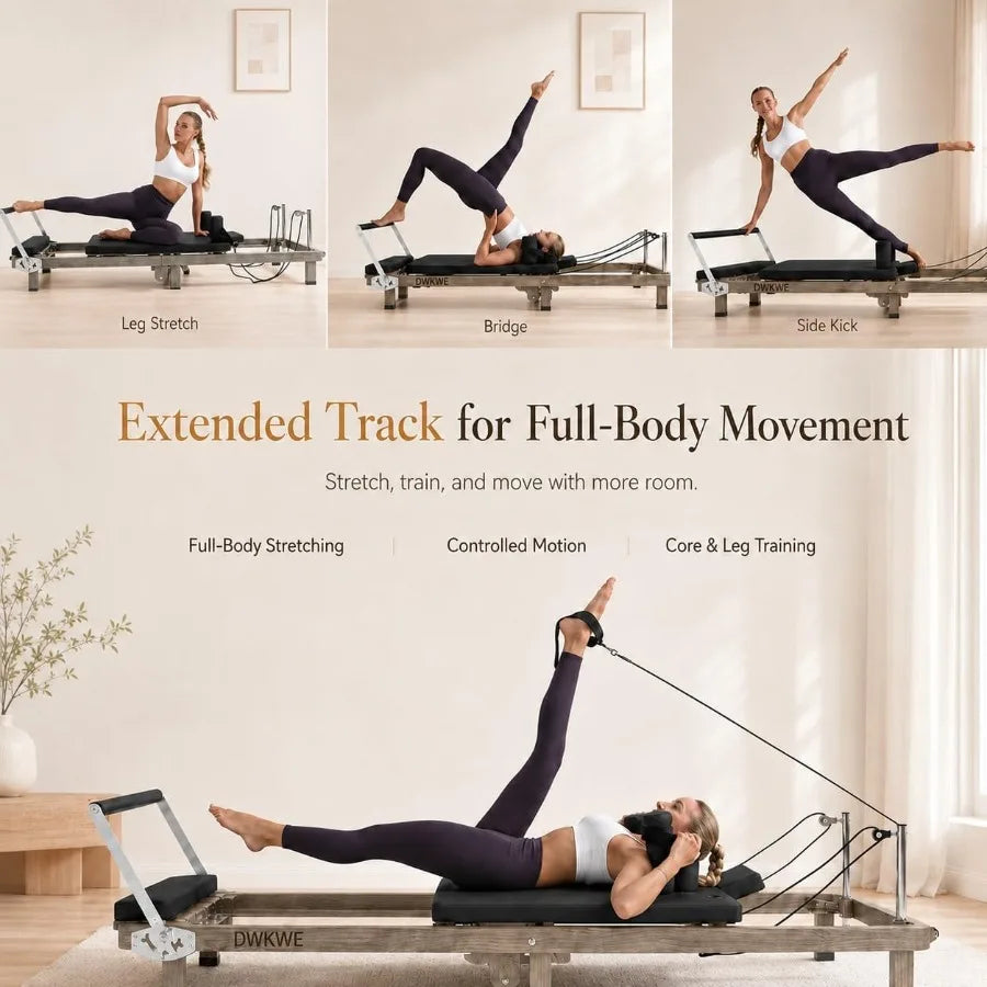 Foldable Pilates Reformer 90% Pre-Assembled Home Gym Women Men Workouts Bundle, Wood Grain Metal Frame Dual Resistance System S