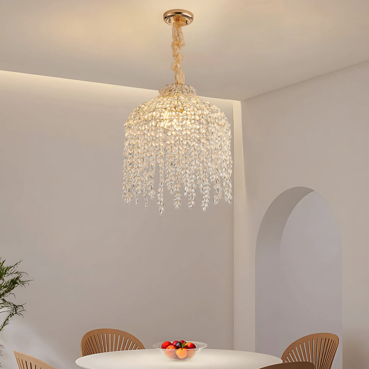 16 Inch 5-Light Crystal Pendant Light Chandelier Elegant Waterfall Design with Crystal Bead Strings and Gold Finish (No Bulb)