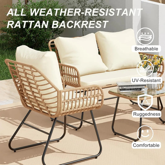 4-Piece Outdoor Patio Furniture Set with Cushions & Tempered Glass Table, All-Weather Rattan Bistro Set with, Customized