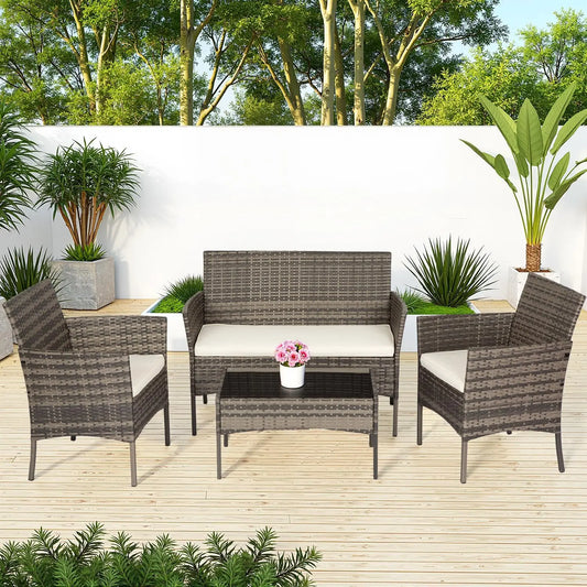 Outdoor Patio Furniture Set with Loveseats and Coffee Table, PE Rattan for Indoor Outdoor Use, Khaki Cushions, 4-Piece