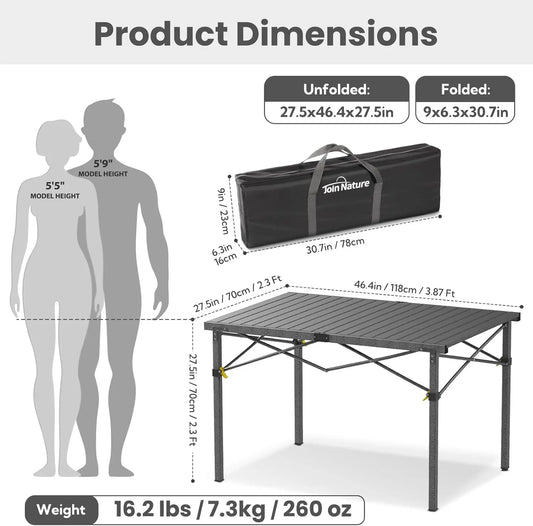 Portable Foldable Camp Table for 2-6 People, Aluminum Roll-Up Top, 220 Lbs Capacity, Black