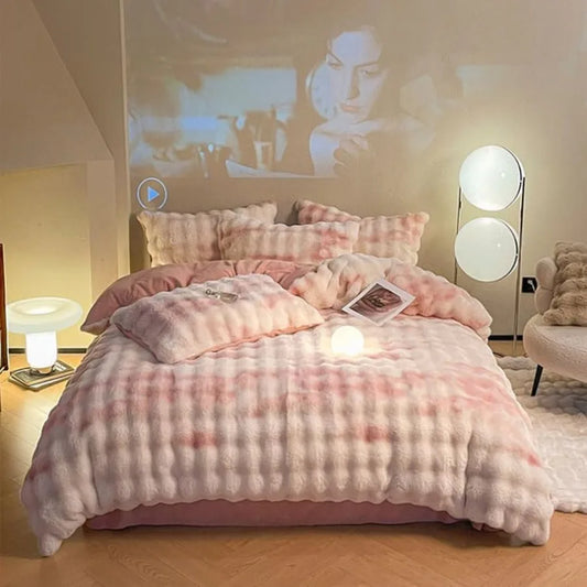ZYFAB Fluffy Plush Shaggy Bedding Set 4 Pieces Super Soft Winter Reversible Duvet Cover with Pillow Cases and Bed Sheet in Pink