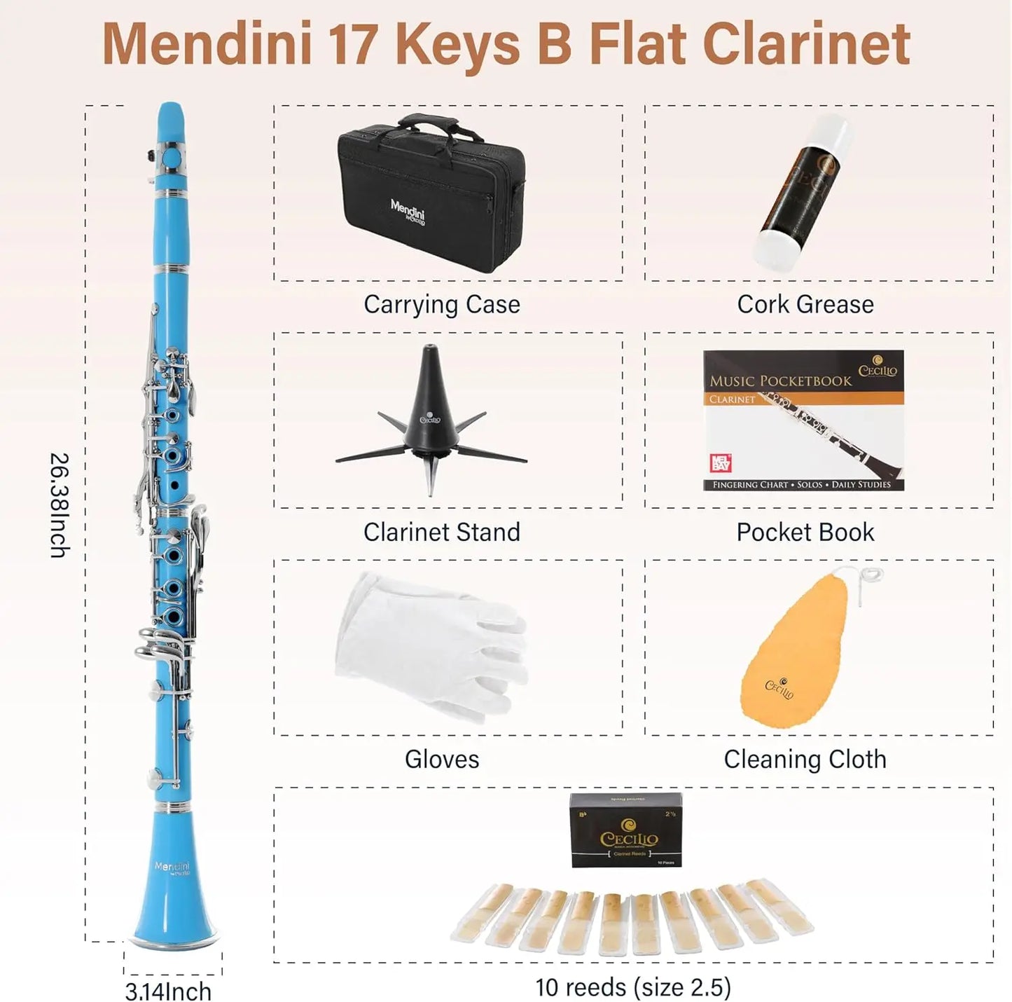 Beginner Bb Clarinet Kit with Hard Case, Reeds, Stand & Accessories in Light Blue
