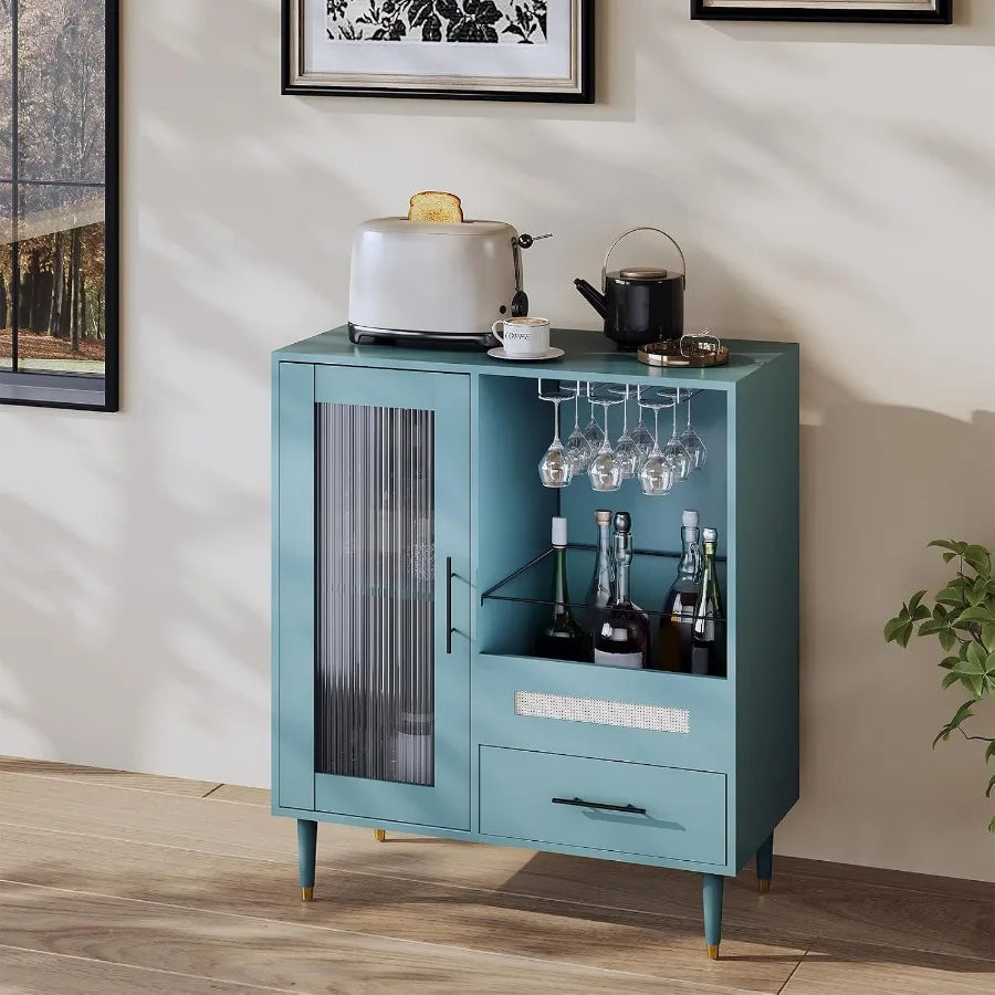 Wine Bar Cabinet with Tempered Glass Door, Wine Rack, Glass Holder and Drawers, Modern Liquor Cabinet with Storage, Freestandin