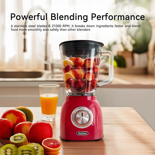High-Speed Kitchen Blender, 1.5L Glass Jar, 304 Stainless Steel Blades, 21000RPM, 6-Piece Set, ABS Body, Multiple Colors