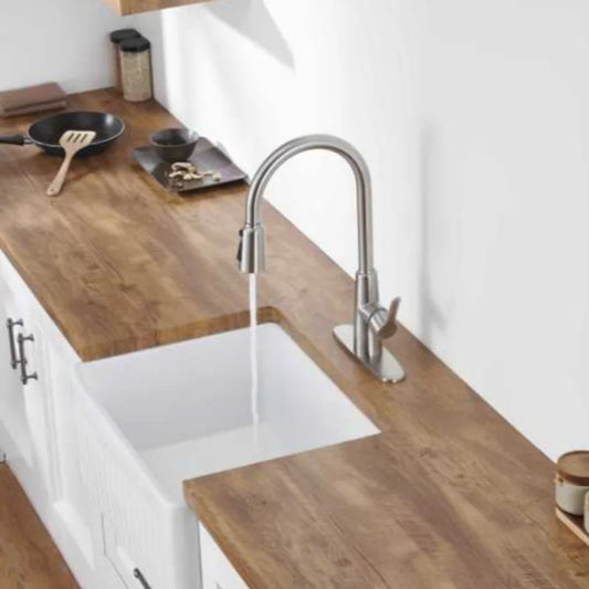 Stainless Steel High Arc Kitchen Faucet Brushed Nickel Pull Out Sprayer 3 Way Setting Single Handle Leak Proof Sink Fixture