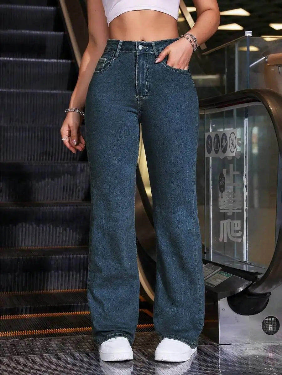 High Waist Wide Leg Washed Denim Jeans for Women - Casual Streetwear Style