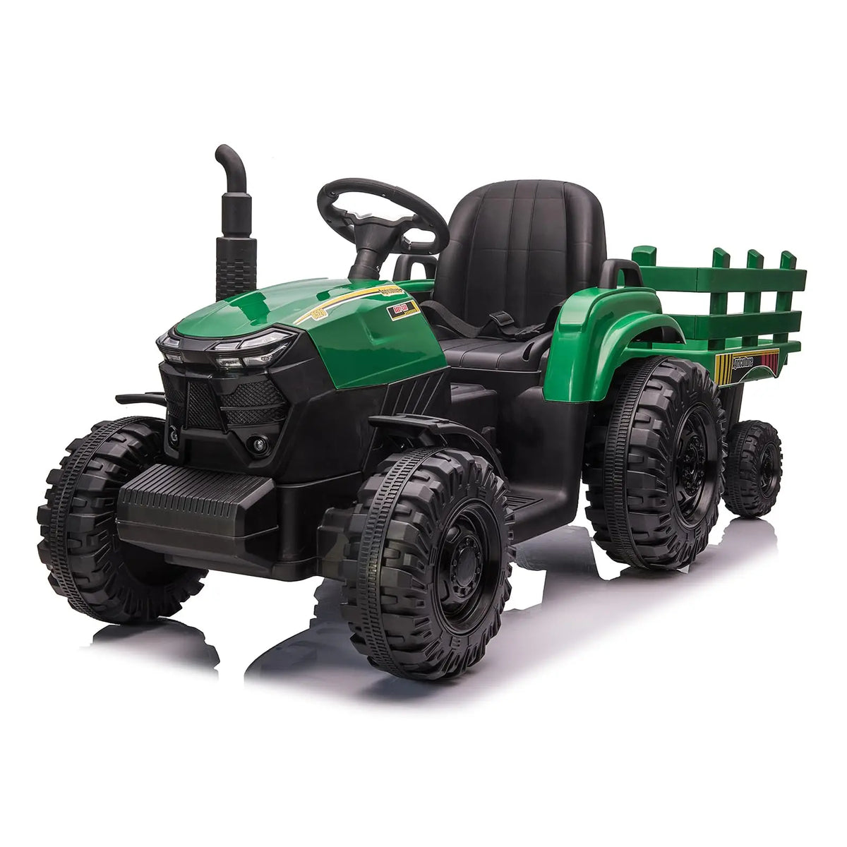 12V Kids Ride On Tractor With Trailer, Dual 35W Motors, 3 Speed Electric Farm Truck, LED Lights, Music, USB, Outdoor, Ages 3-6
