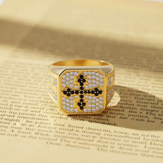 Men's S925 Silver Ring with 2CT D-Color Moissanite & Black Zircon Cross Design 18K Gold Plated Luxury Party Jewelry
