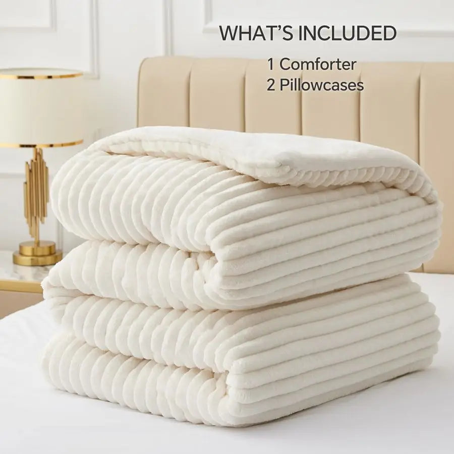 Fleece Queen Comforter Set Super Soft amp Warm Fluffy Cream White Bedding, Luxury Fuzzy Heavy Bed Set for Winter with 2 Pillow C