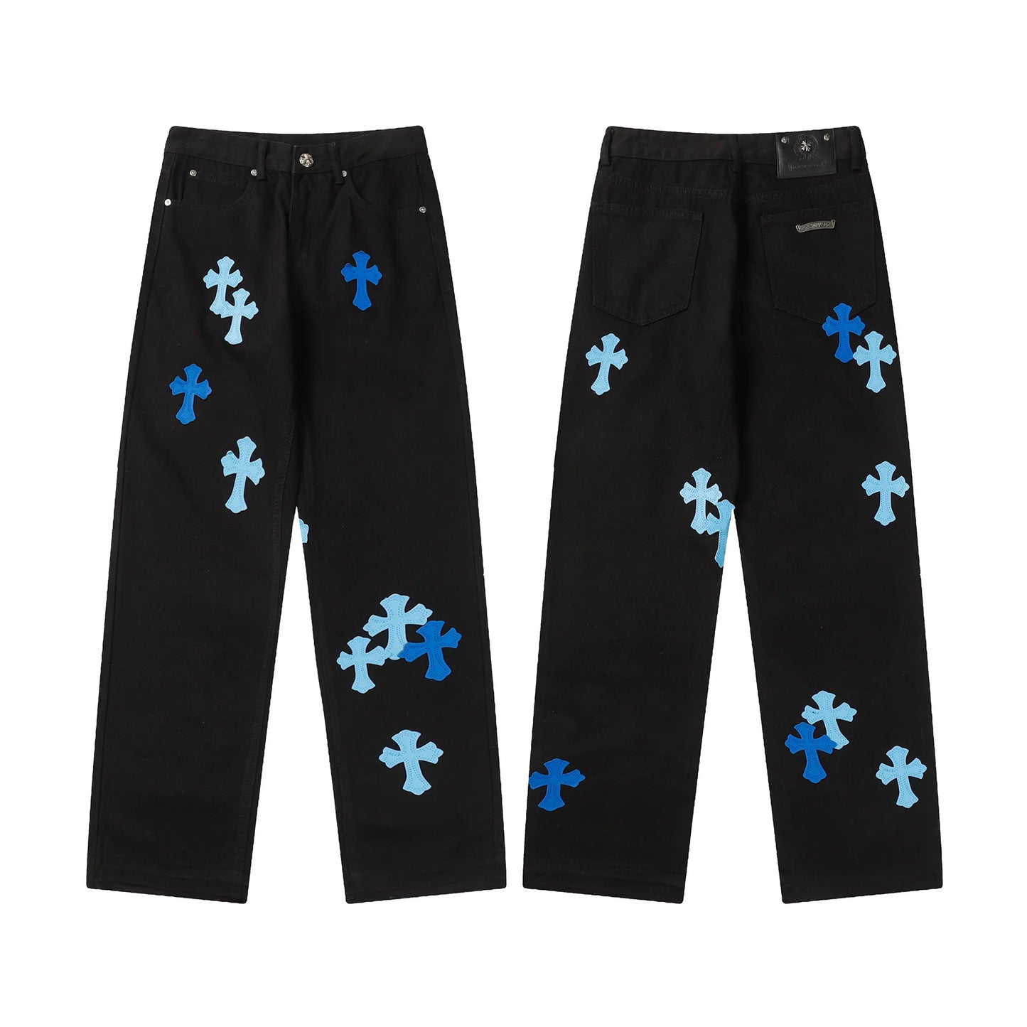 Classic Luxury Brand Men Women Leather Jeans Totem Patch Casual Pants Fashion Metal Embellished Couple Wear 2025