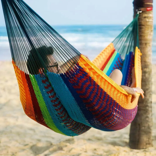 Portable Double Mayan Hammock - 10.5ft Soft Rope, Outdoor with Carry Bag, 550 lbs Capacity, Multicolor