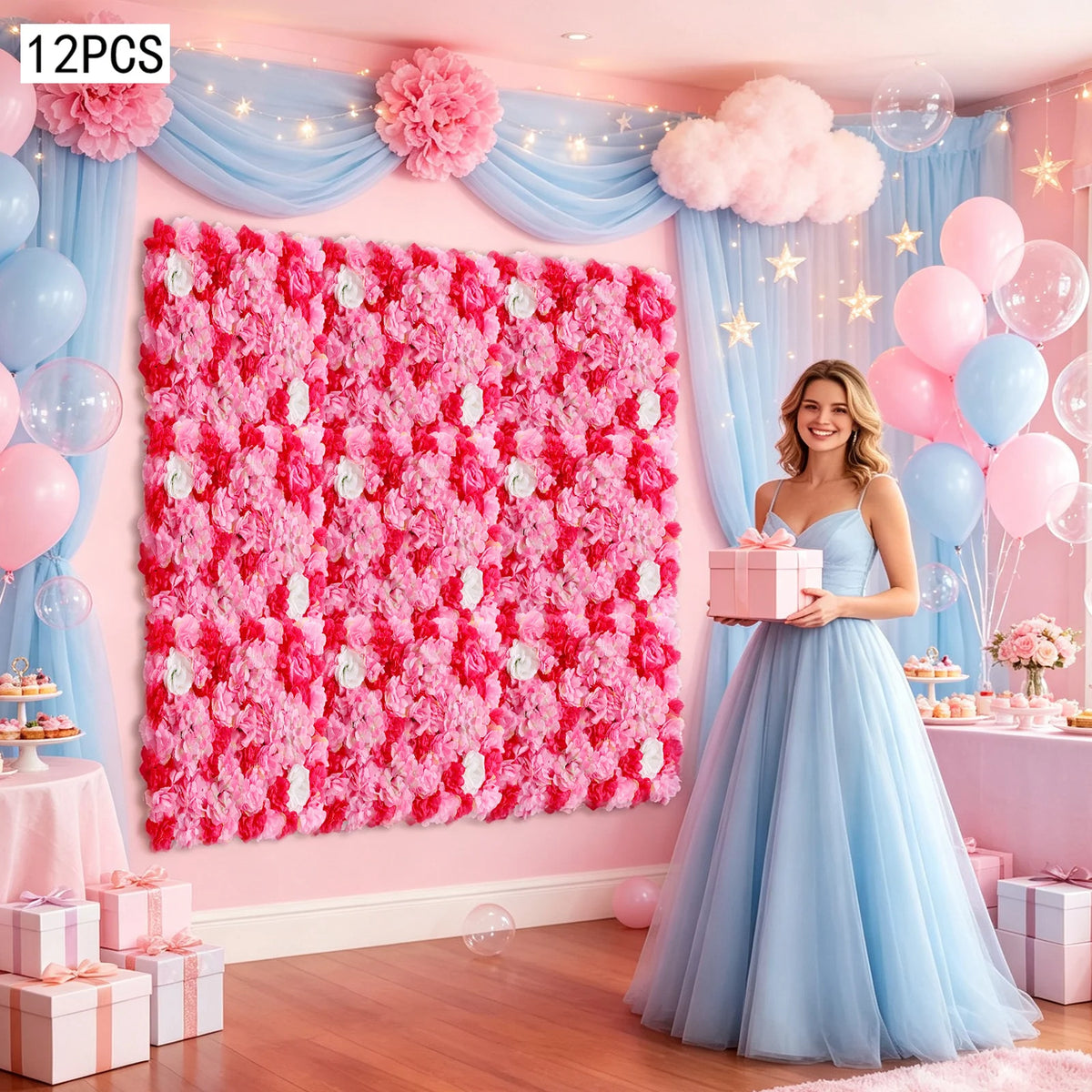 Reusable Artificial Flower Wall Panels 12 Pieces Gradient Pink Fake Dahlia Rose Wall Mount Decor for Restaurant Shop Office Celebration