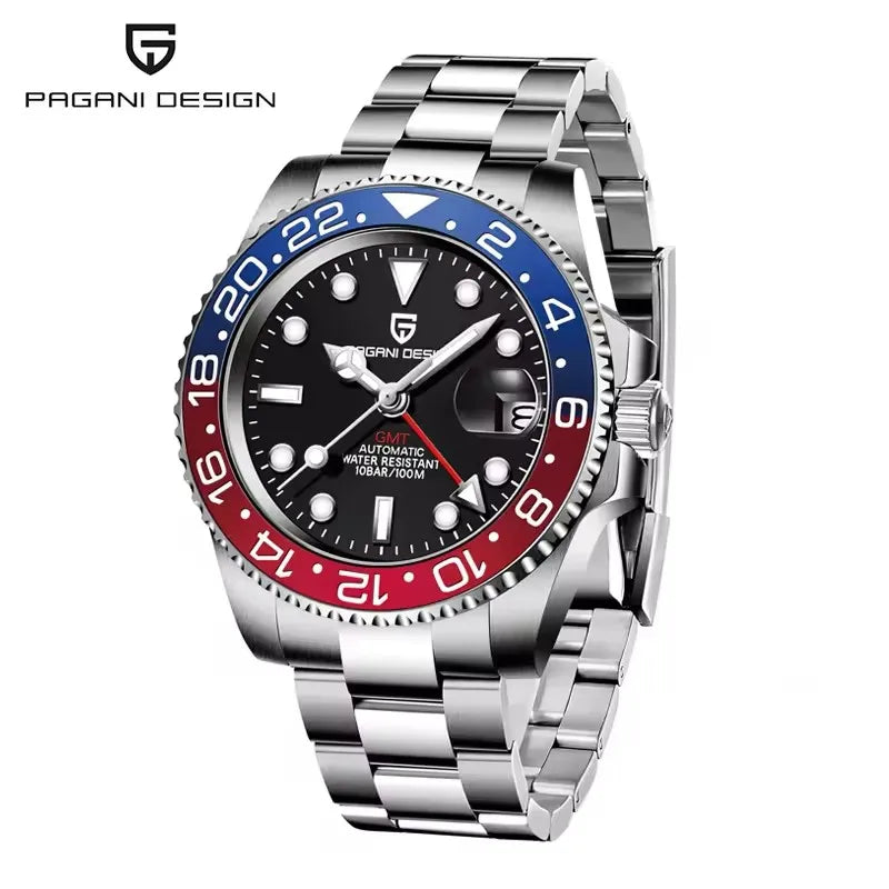 PAGANI DESIGN 40MM Black Gray Dual Tone Automatic Mechanical GMT Watch Sapphire Glass Stainless Steel Sports Luminous Watches for Men