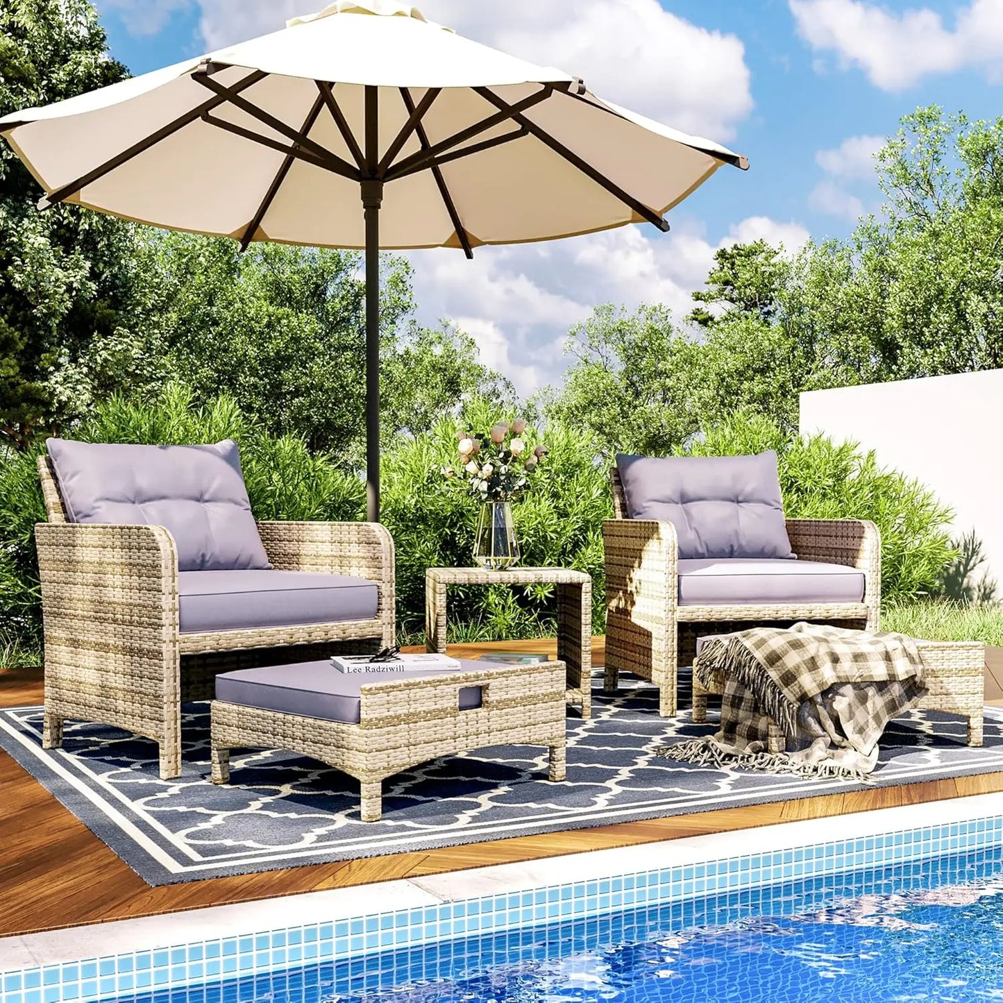 5 Pieces Patio Furniture Set, Rattan Balcony Furniture with Ottomans, PE Wicker Outdoor Patio Chairs Set with Coffee Table for