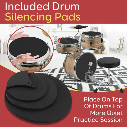 Kids Drum Set, 3-Piece, 13" Bass Drum, Snare, Tom, Cymbal, Throne, Drumsticks - Natural