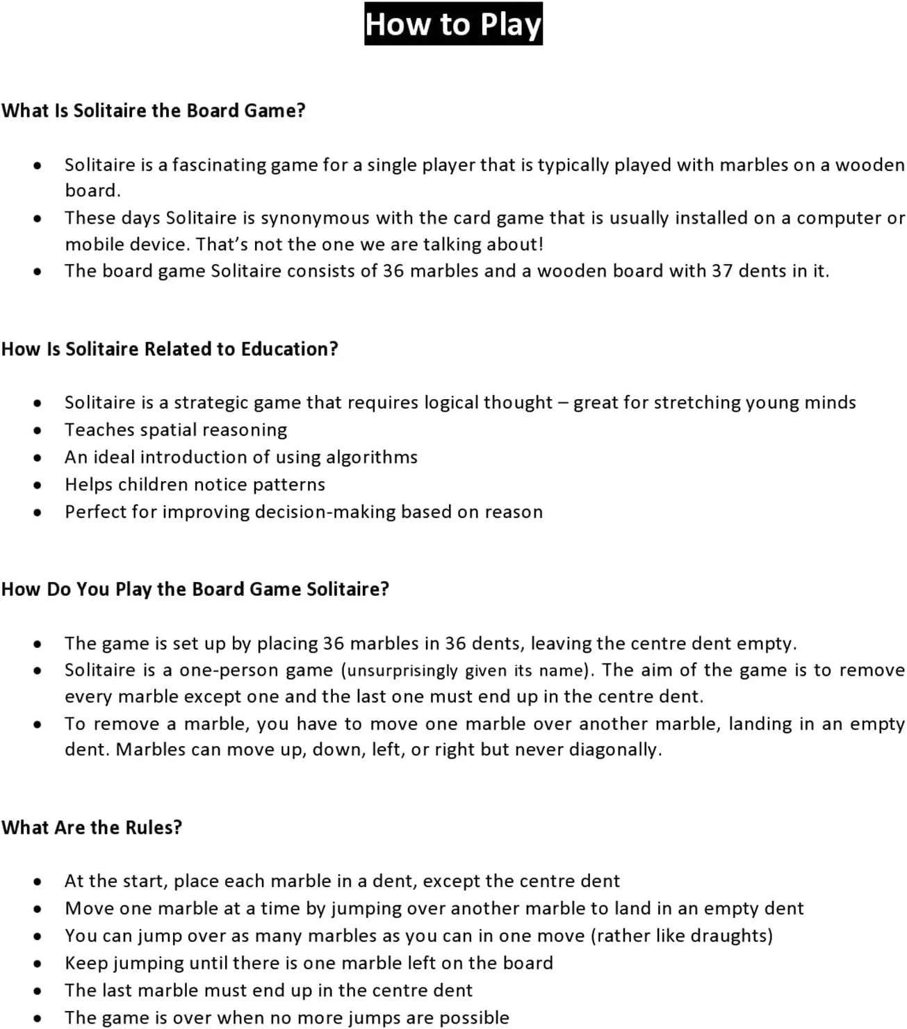 Wood Finished Solitaire Board Game with 36 Natural Balls