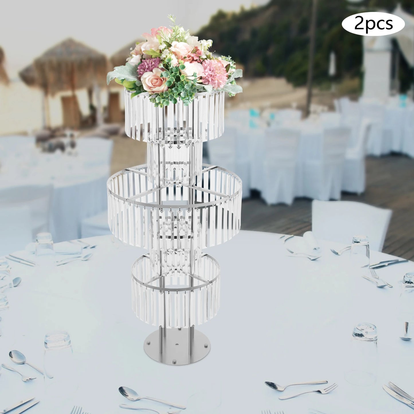 5-Tier Flower Stand, Crystal Vases, Set of 2 Iron Acrylic Clear Silver Wedding Party Home Decor Floor Tabletop Decor