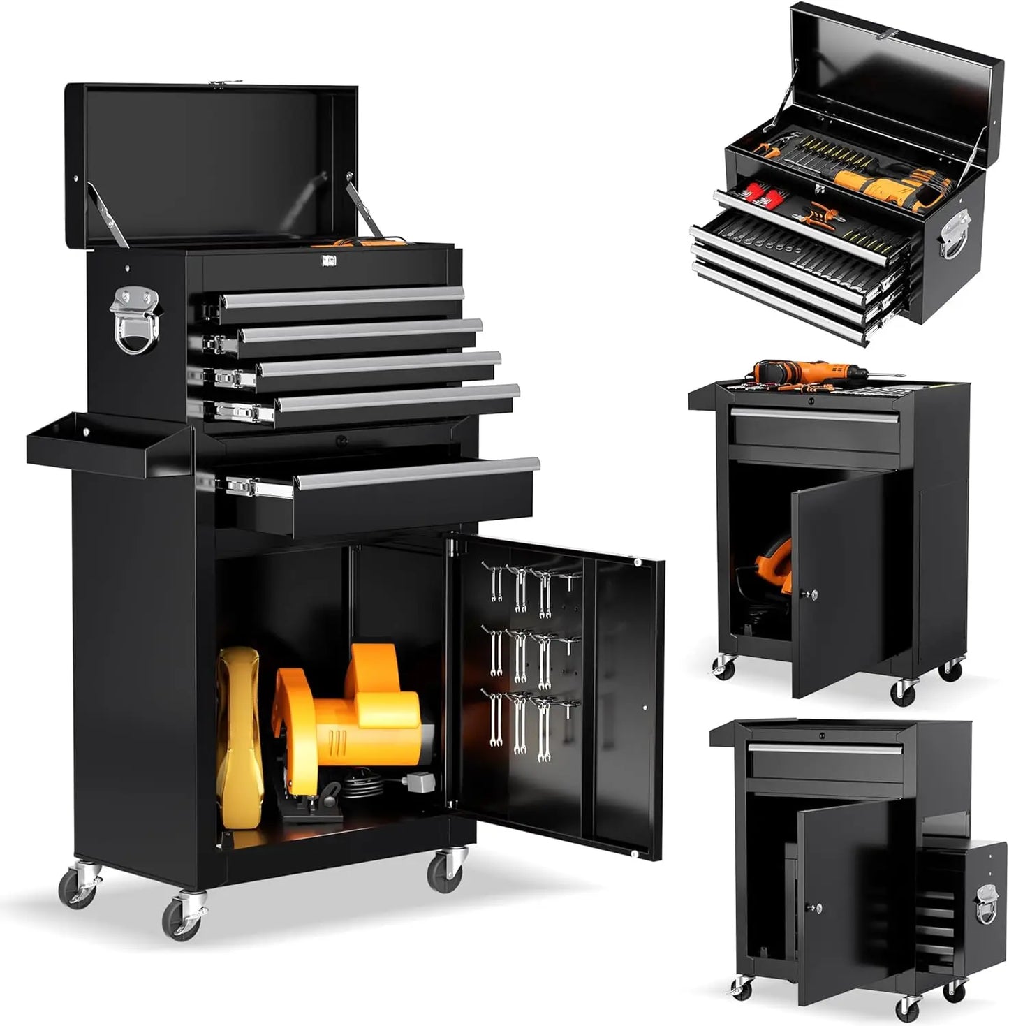 Rolling Tool Chest - Heavy-Duty Steel Tool Cabinet with Detachable Top Box, Locking Wheels & Security System for Garage