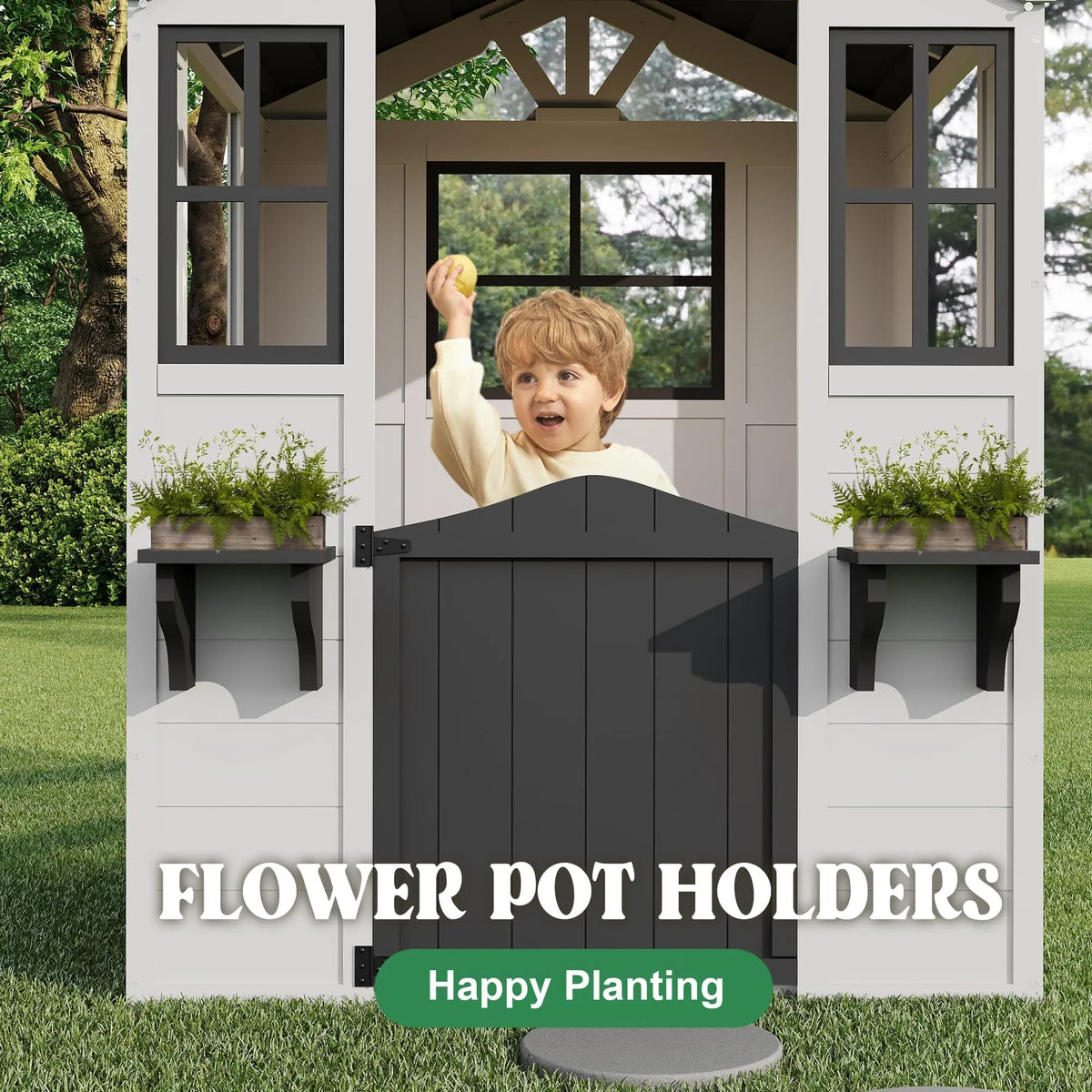 Wooden Kids Playhouse Outdoor Cottage With Pretend Kitchen, Door, Windows & Flower Boxes, Fir Wood Backyard Playhouse Ages 3-12