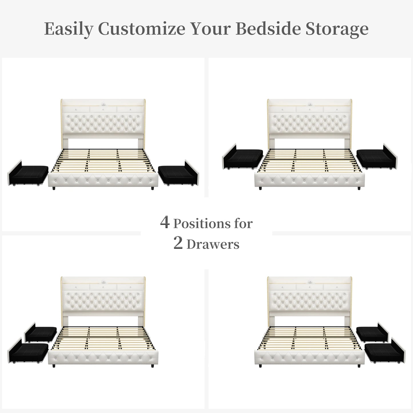 LED Bed Frame with Galaxy Star Projector, 2 Drawers, 52" PU Headboard with Charging Station, Noise Free, No Box Spring