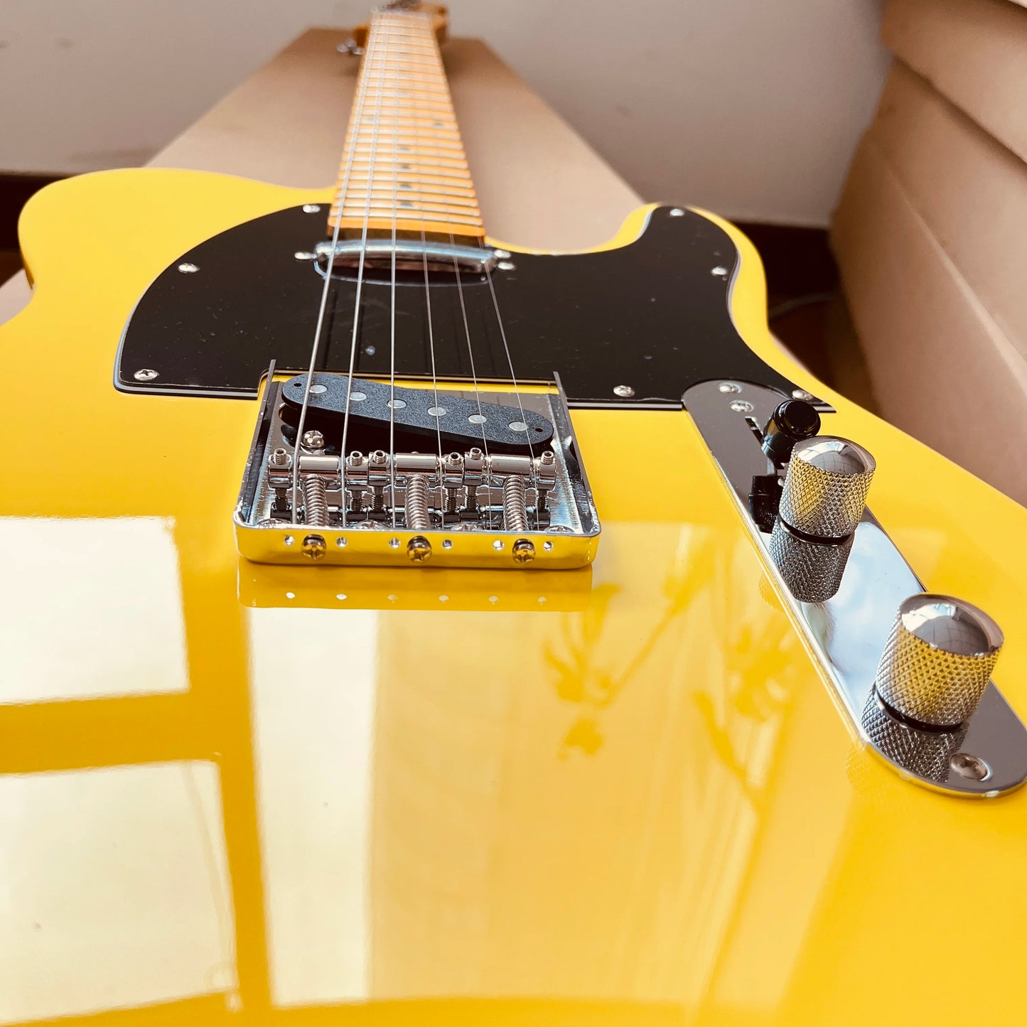 Electric Guitar TL Yellow Body Chrome Part Maple Fretboard Black Pickguard 2S Shipped from the United States Free Shipping