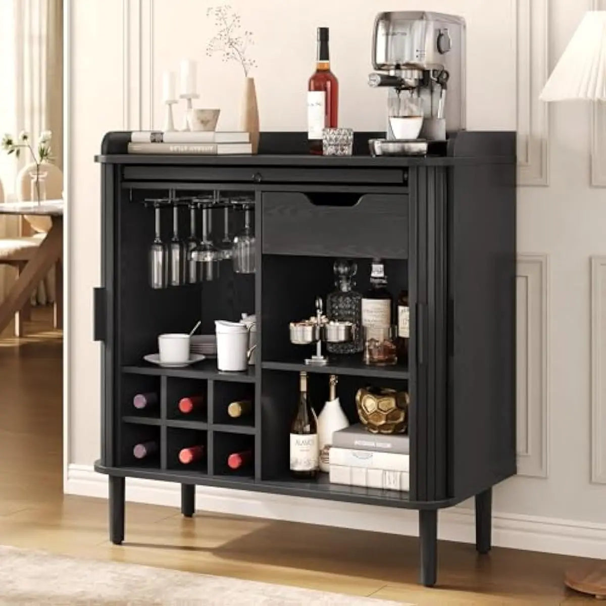 Fluted Bar Cabinet with Ample Storage, 3-Tier Glass Racks, Removable 6-Bottle Wine Rack, Built-in Charging Hub, Mid-Century Modern Design