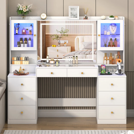 61.7" Large Vanity Desk with Mirror and Lights, Makeup Vanity with Charging Station, Sliding Drawers, 2 Cabinets with Glass Door