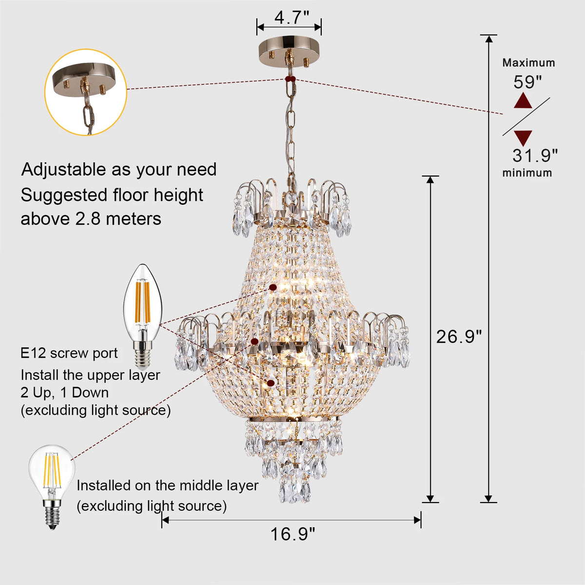 16.9-Inch 7-Head French Gold Crystal Chandelier, Height Adjustable, Suitable for Living Room, Dining Room, Foyer, and Hallway, Vintage Luxury Ceiling/Hanging Dual-Use Lighting Fixture