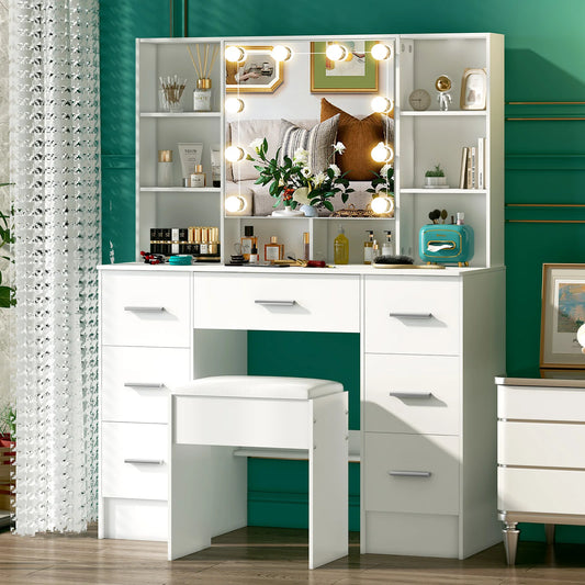 Minimalist natural wood vanity with light-up mirror – 3 light modes, slide-out drawers & shelves