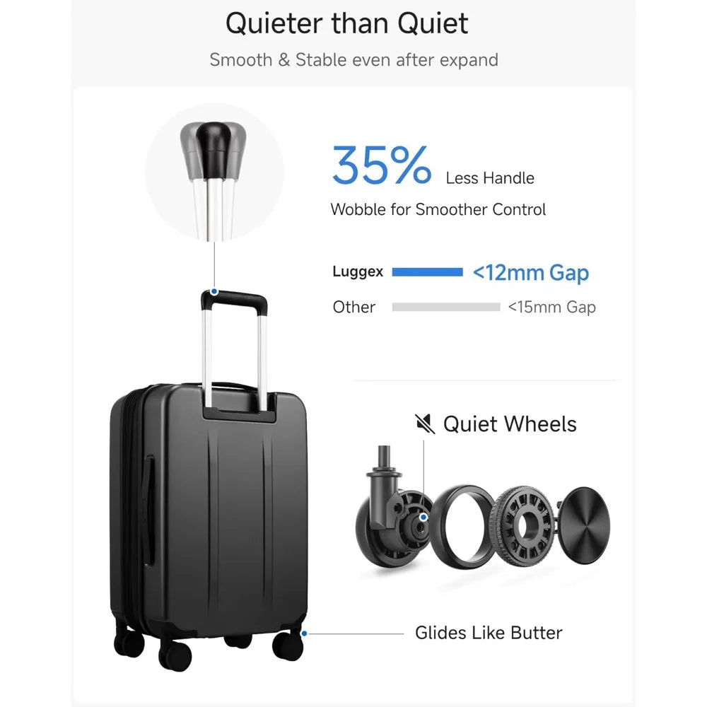 LUGGEX 22x14x9 Inch Expandable Polycarbonate Carry-On Suitcase with Front Pocket - FX-Core Black, 20 Inch