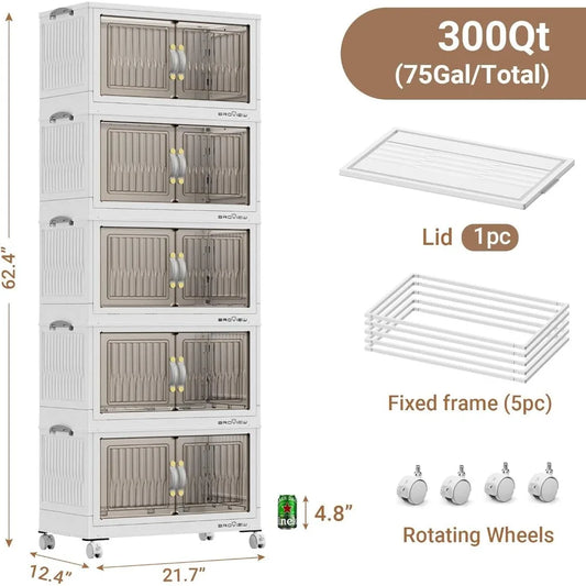300Qt Stackable Storage Bins with Lid, Extra Large Closet Organizer Collapsible Drawer Boxes with Wheels, Folding Plastic Cabine