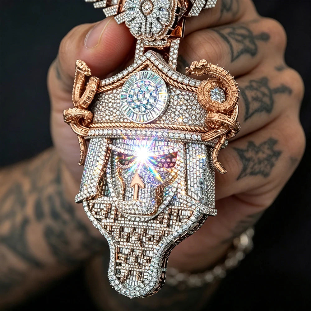 Iced Out Skull Pendant 18K Gold Plated Cubic Zirconia Hip Hop Necklace Accessories for Men Warrior Kabuto Helmet Design With Coiled Snake Upward Arrow Charm Bling Accessory Rapper Streetwear Party Daily Wear Luxury Gothic Fin