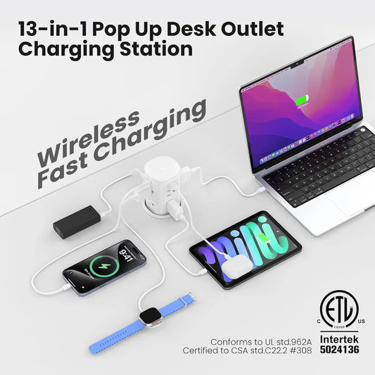 Pop-Up Countertop Outlet with 15W Wireless Charger, 4 USB Ports, 8 AC Sockets, Space-Saving Design for Kitchen & Office
