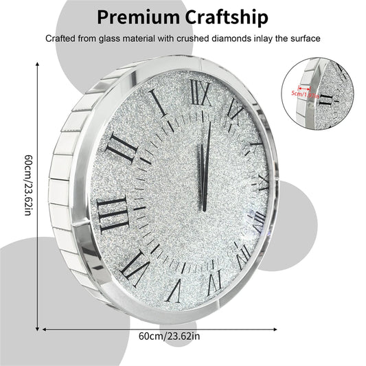 60 CM Crushed Diamond Wall Clock Roman Numerals Clock Quartz with Crystal Diamond Edge for Bedroom, Dining Room Decor (not Incl