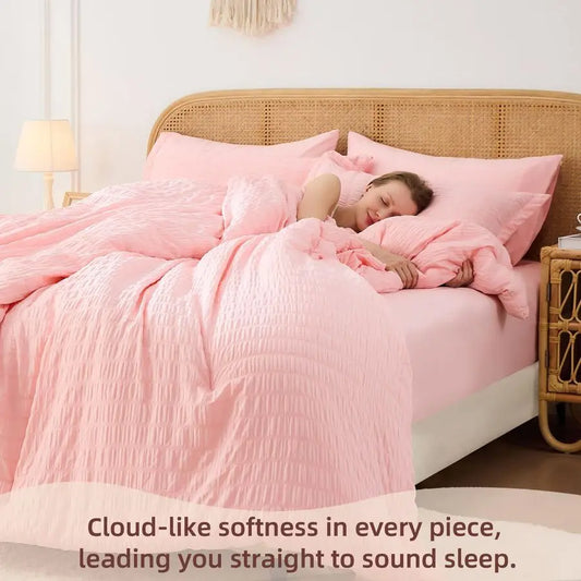 Pink Queen Comforter Set 7 Pieces, Luxury Seersucker Bed in a Bag Queen Size for All Seasons, Soft Bedding Set with Comforter, F