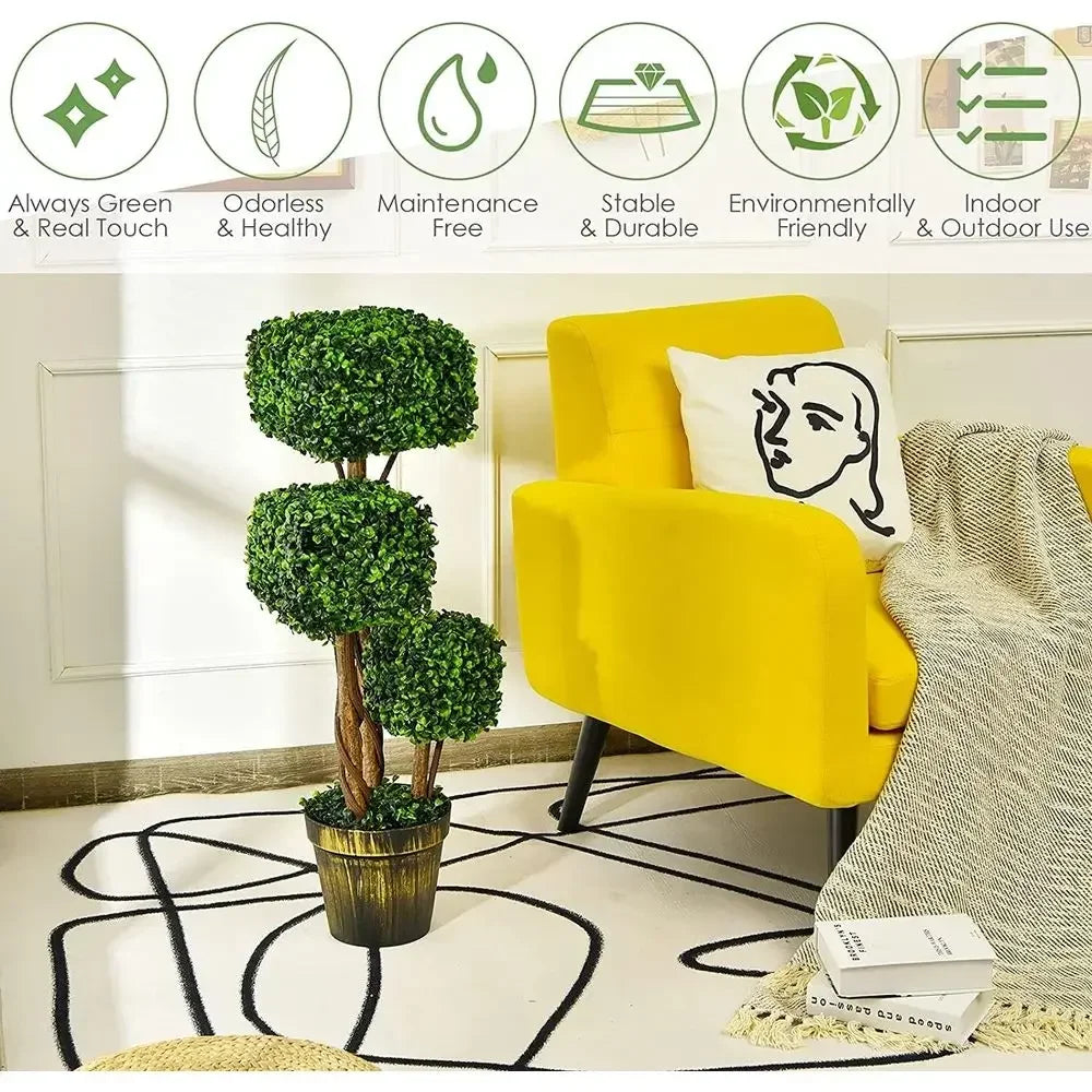 Pair of 36 Artificial Square Boxwood Topiary Trees with Cement-Filled Plastic Pots for Indoor and Outdoor Greenery Decor