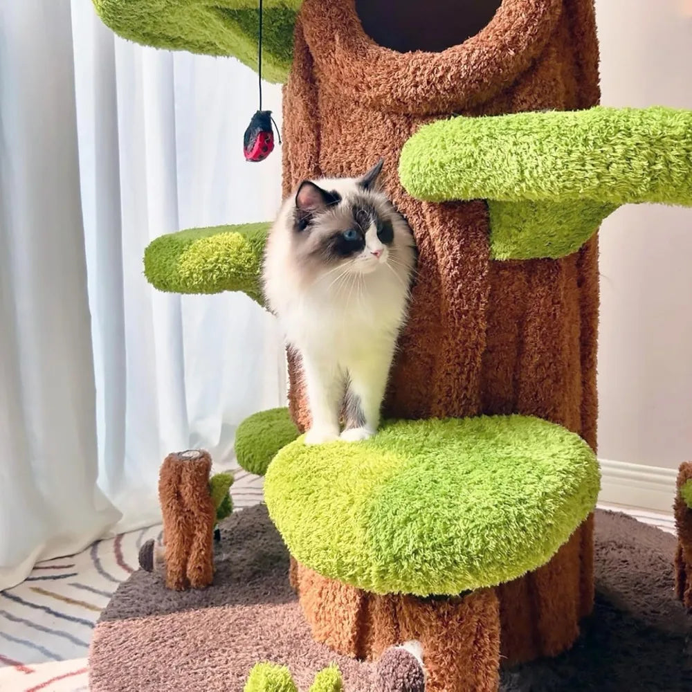 "tall solid wood cat tower for multiple cats, 90 inches"