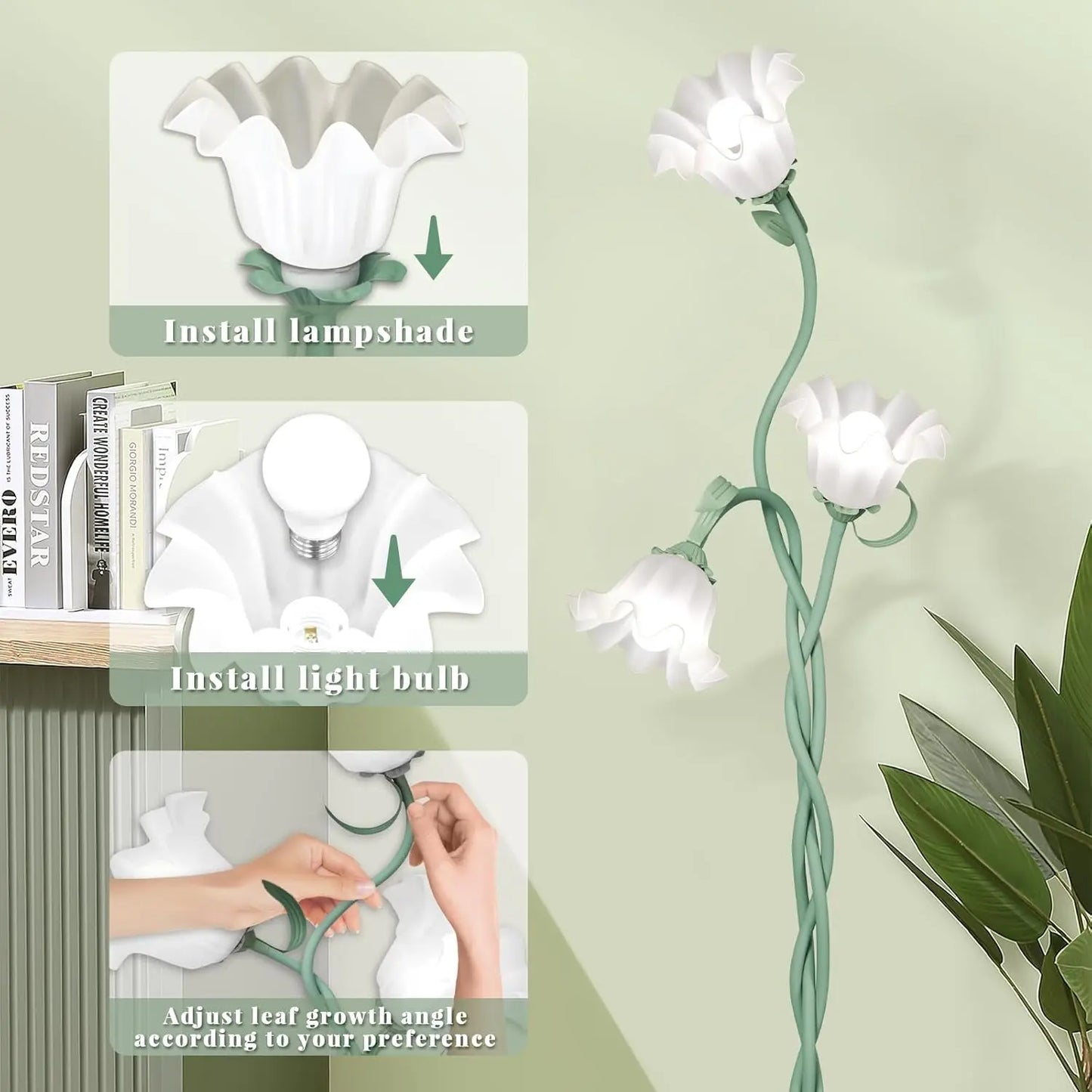 Cute Flower Floor Lamp, 3-Head LED Standing Lamp with Flexible Gooseneck, 3 Color Temperatures, Green