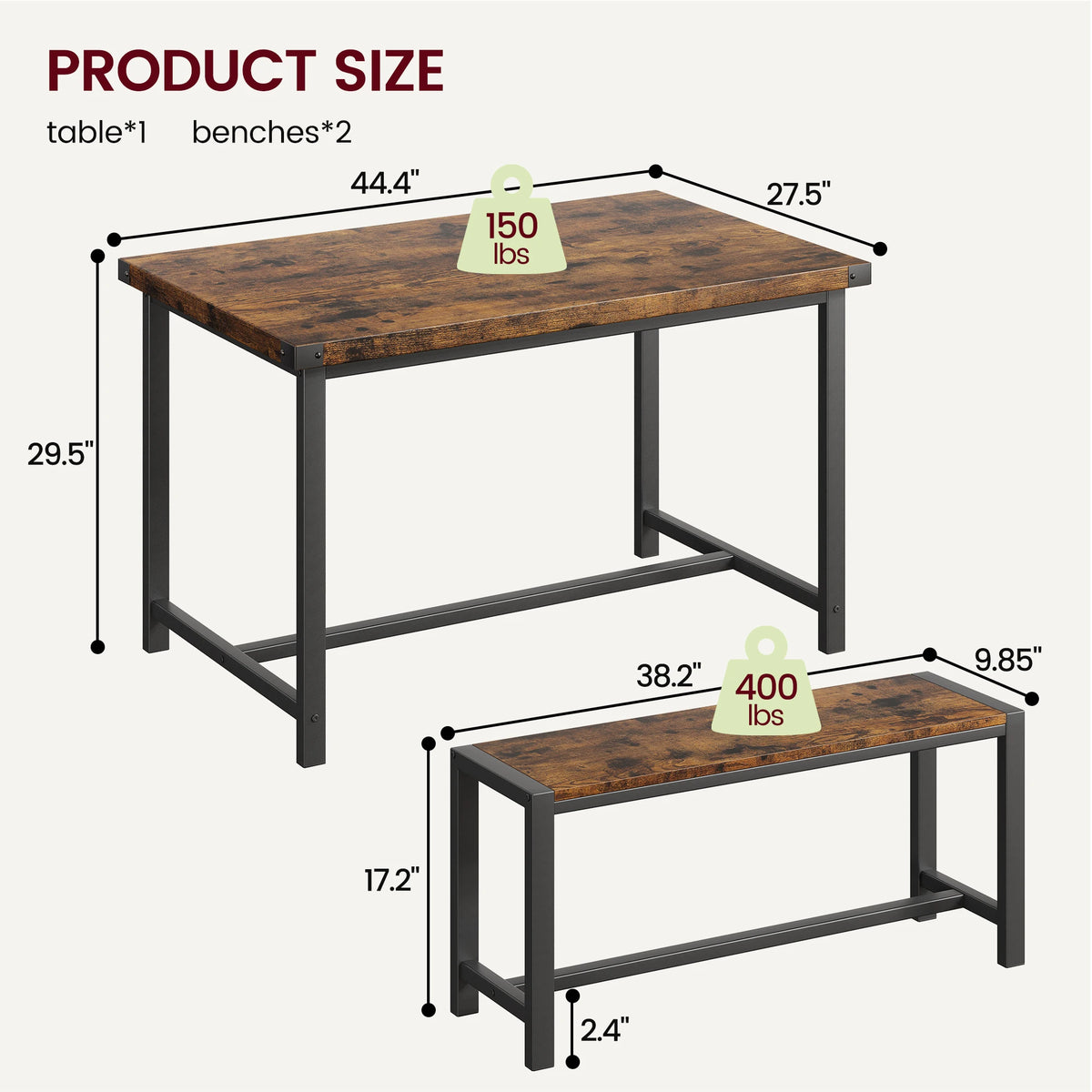 44.4'' Farmhouse Dining Table Set for 4, Kitchen Table Set with 2 Benches, Space-Saving Dinette, 3 Piece Industrial Breakfast Table Set for Small Space, Apartment, Rustic Brown/Black
