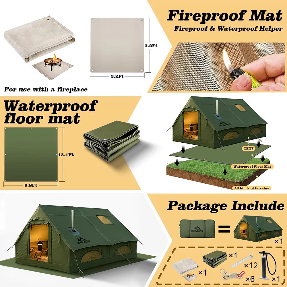 SENLEETO 129 Square Feet Inflatable Glamping Tent 4-8 Person for Camping with Waterproof Mat,4 Season Blow up Tent with Stove Jack&AC Vent,Easy Setup Air Tent with High Pressure Pump