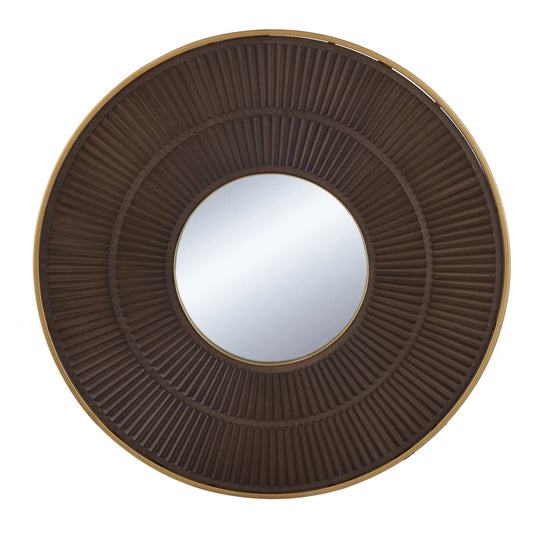 31.5x1x31.5" Round Carter Wooden Mirror with Gold Iron Frame Neutral Colorway Wall Decor for Live space Bathroom Entryway Wall