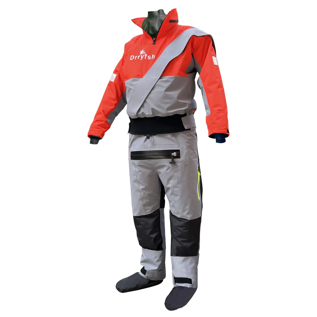 Dryfish Men Waterproof Breathable Kayak Drysuit Color Matching Full Body Dry Suit Cross Shoulder Zipper Sock Foot Design For Whitewater Rafting Canoeing Paddling SUP Sailing Cold Water Sports